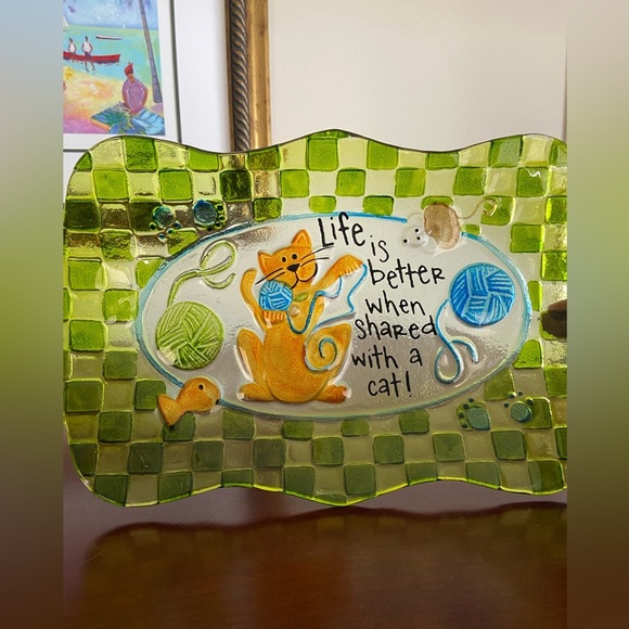 Cat Platter “Life is Better When Shared with a Cat!" Reverse Painted Green Glass - Picture 8 of 8